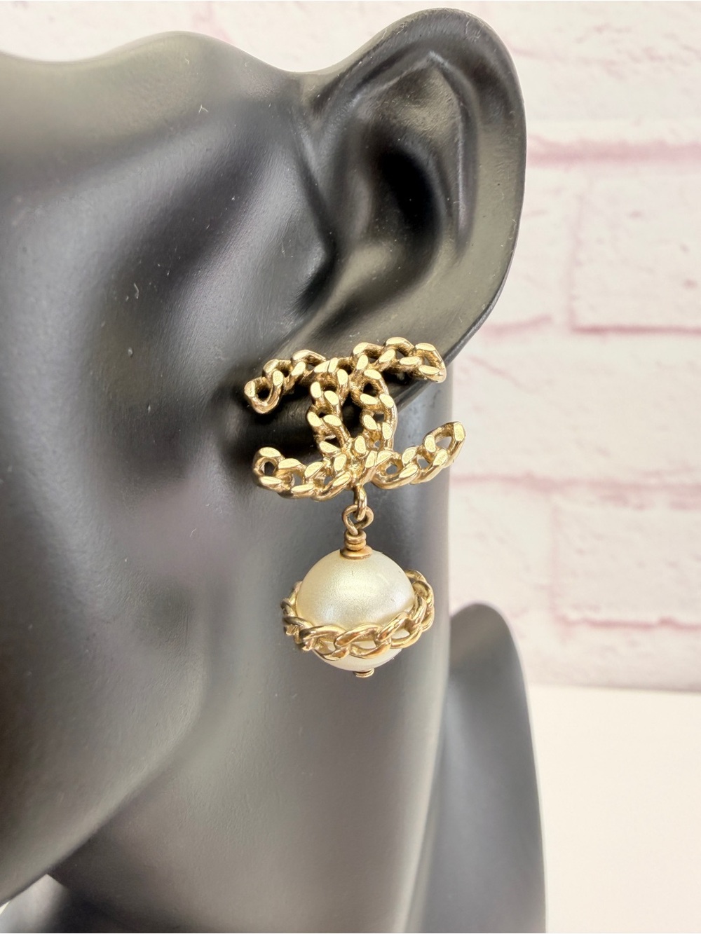 Chanel Gold Chain CC Pearl Dangle Pierced Earrings